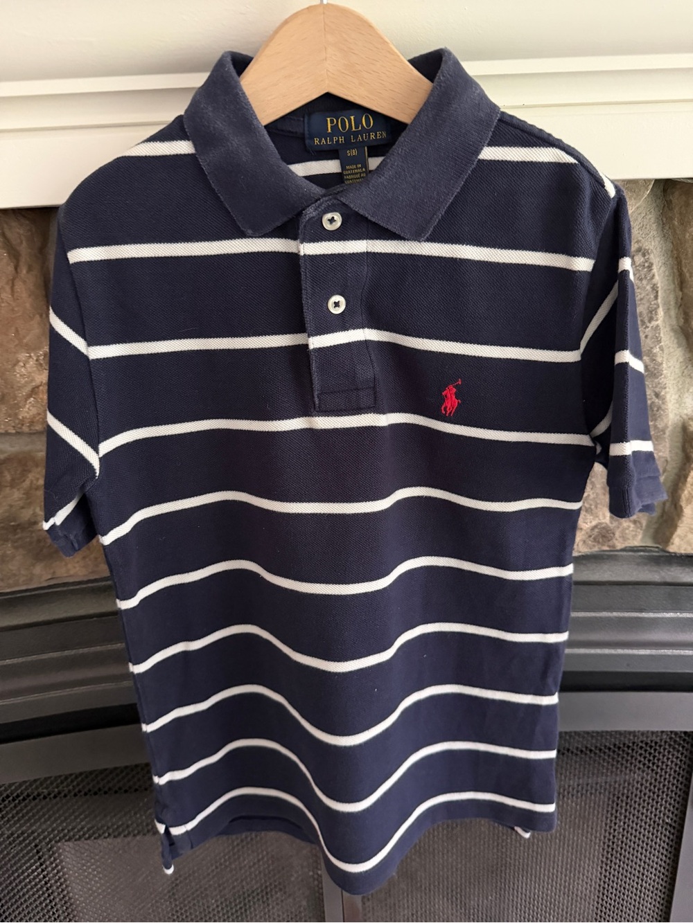 Polo by Ralph Lauren Navy and White Striped Polo with Red Pony